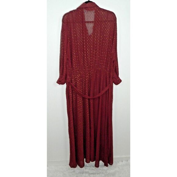 Unique Vintage Dress Size 3X/20 Burgundy Gold Clip Dot Blanche Maxi Shirt Belted - Picture 7 of 10